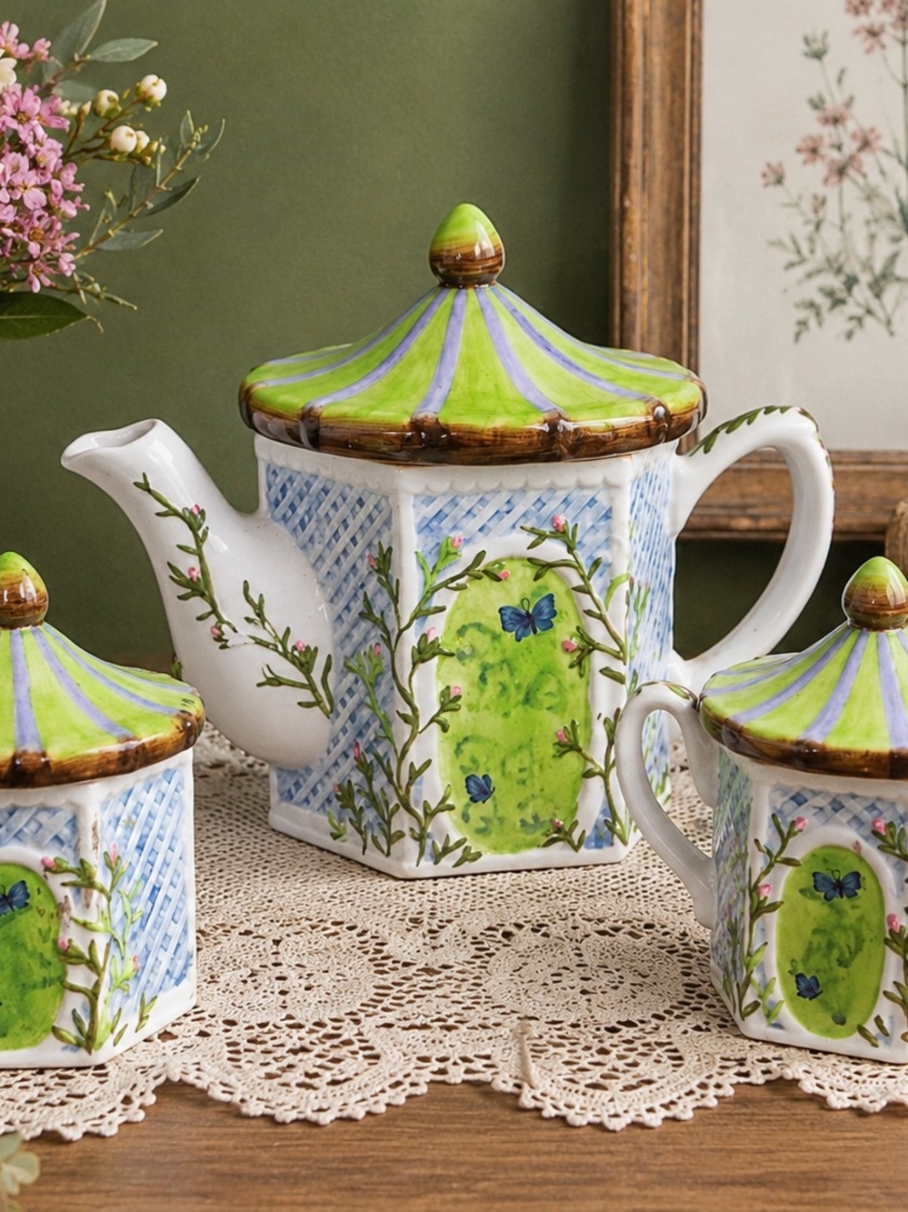 Winterthur Garden Trellis Ceramic Tea Set – Teapot, Creamer & Sugar Bowl 1998